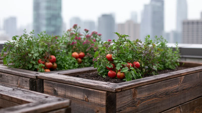 Tomato plants growing in wooden raised beds on an urban rooftop with city skyline in background