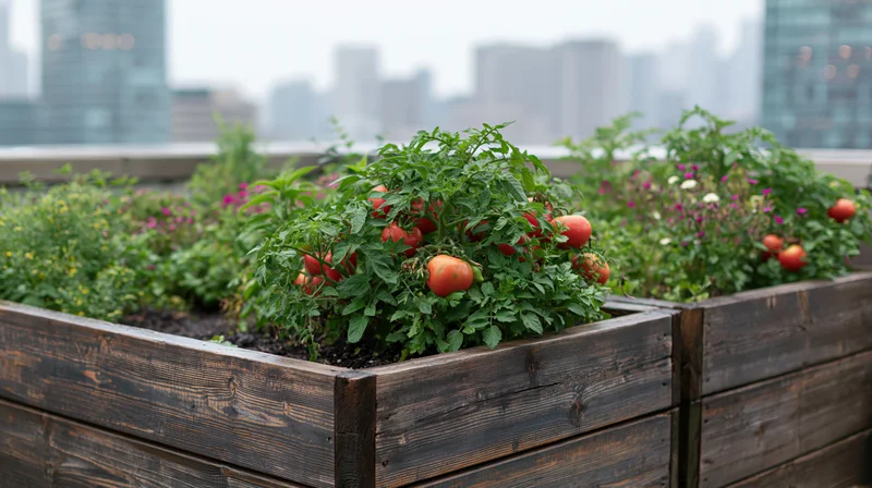 Tomato plants growing in wooden raised beds on an urban rooftop with city skyline in background