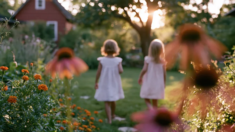Two young girls in white summer dresses walking barefoot through a flower-filled garden at golden hour