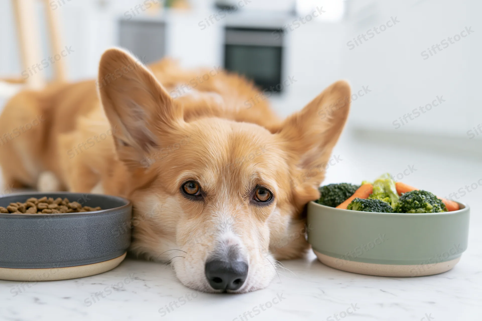 Pembroke welsh corgi lying on white marble floor between two bowls of food and vegetables