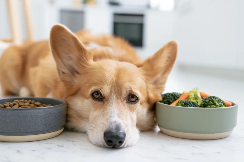 Pembroke welsh corgi lying on white marble floor between two bowls of food and vegetables