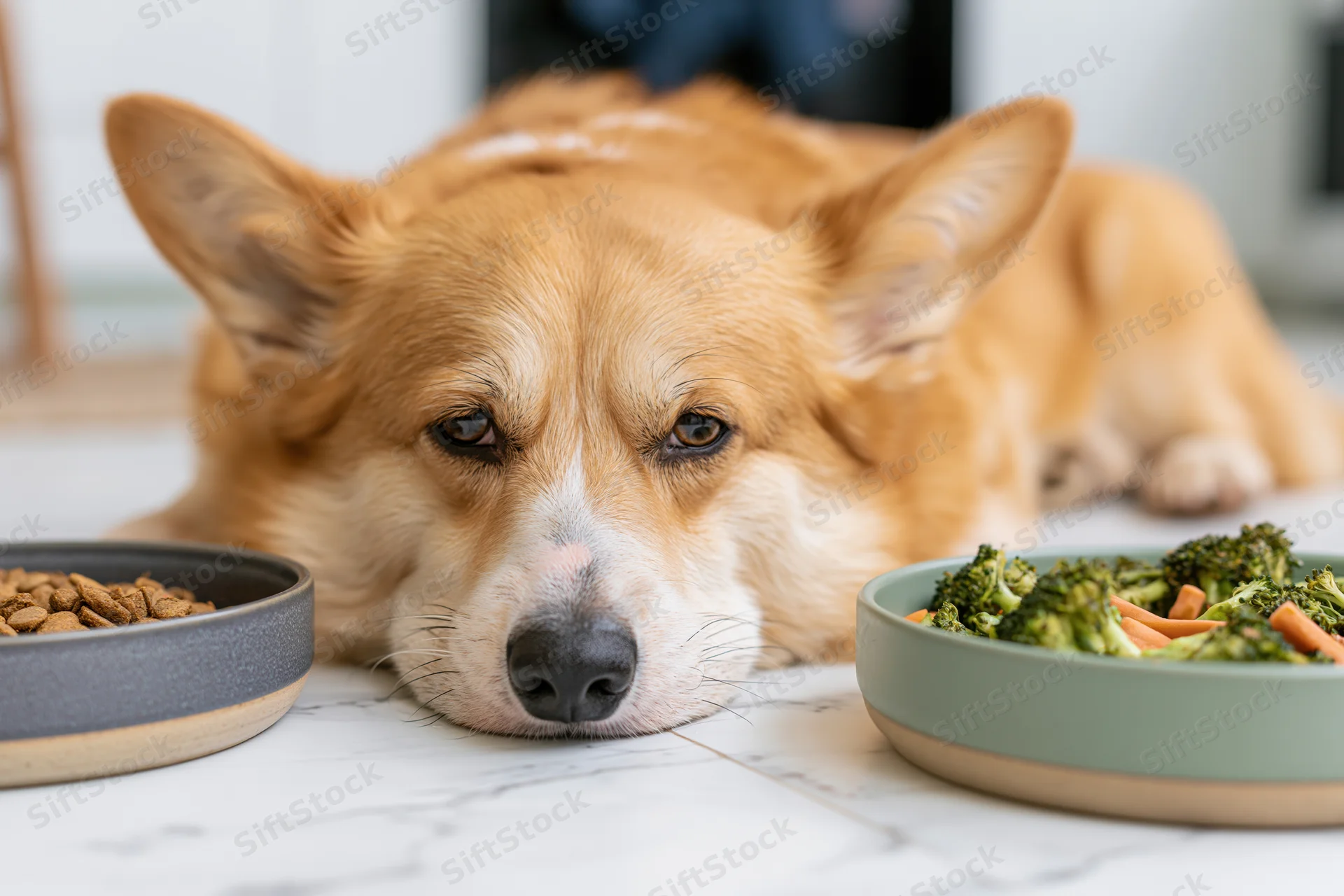 Pembroke welsh corgi lying on white marble floor between two bowls of food, one with kibble and one with vegetables
