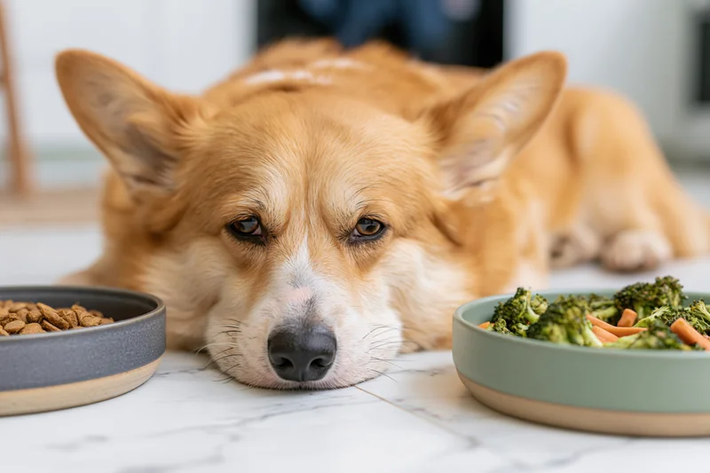 Pembroke welsh corgi lying on white marble floor between two bowls of food, one with kibble and one with vegetables