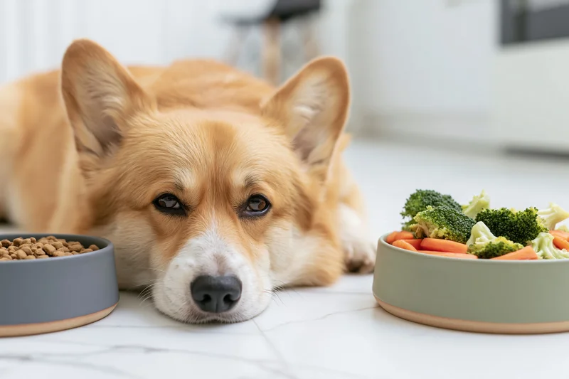 Pembroke welsh corgi lying on white marble floor beside two bowls one with kibble and one with vegetables