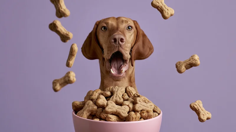 Vizsla dog with open mouth behind a pink bowl filled with bone-shaped treats, some floating in air