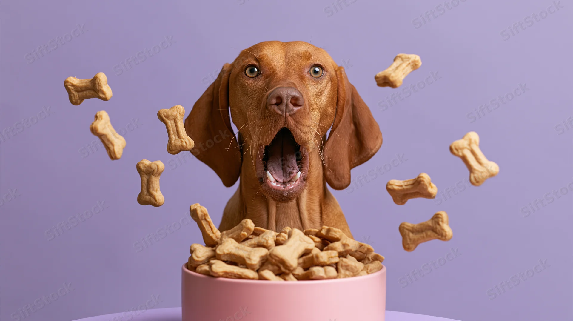 Vizsla dog with open mouth behind pink bowl filled with bone-shaped treats, some floating in air against purple background