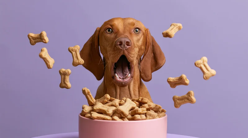 Vizsla dog with open mouth behind pink bowl filled with bone-shaped treats, some floating in air against purple background