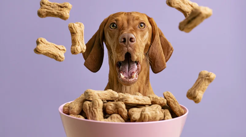Vizsla dog with open mouth behind a pink bowl filled with bone-shaped treats, some floating in air against purple background