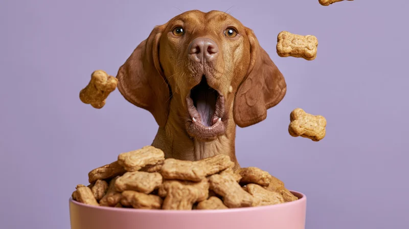 Vizsla dog with open mouth behind a pink bowl filled with bone-shaped treats