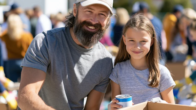 Bearded man and young girl smiling while volunteering at a community event outdoors