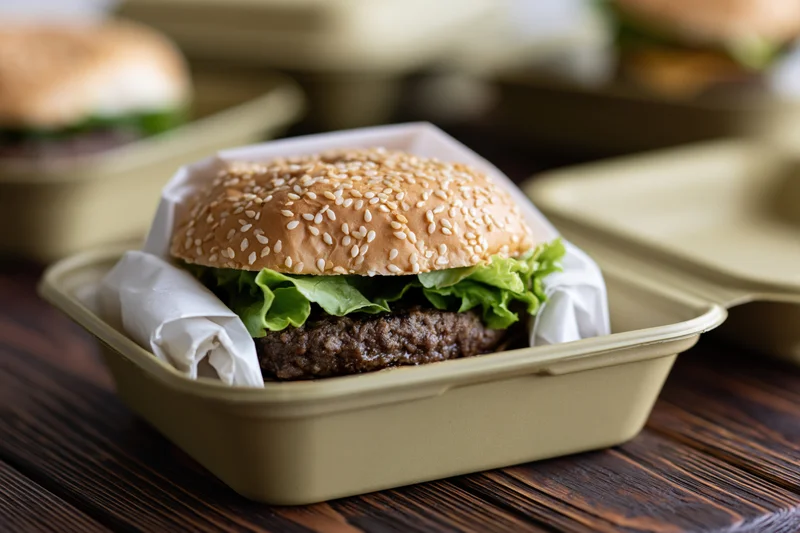 Beef burger with sesame seed bun and lettuce in a takeout container on a wooden table
