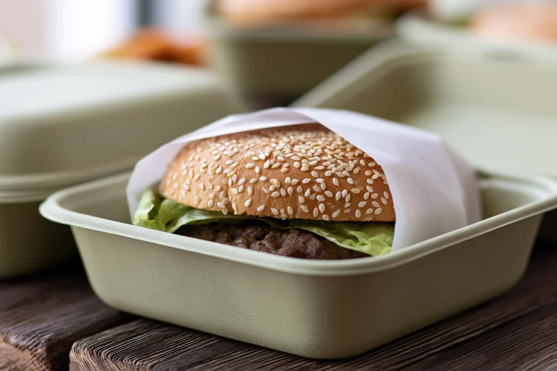Beef burger with sesame seed bun and lettuce in a disposable container on a wooden table