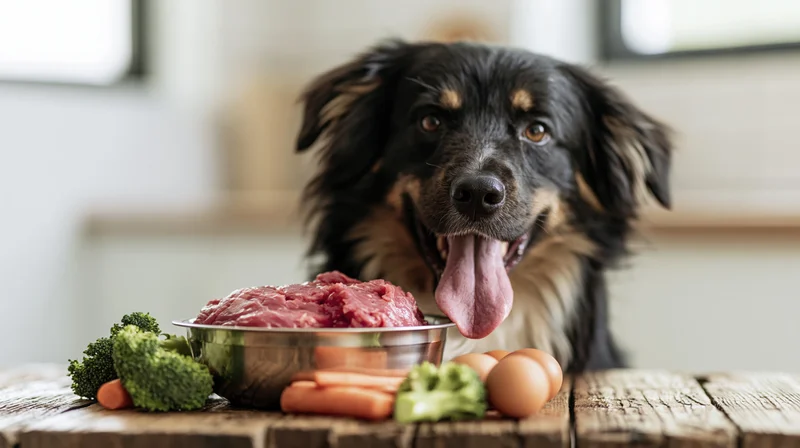 Black and tan Border Collie mix with tongue out behind a bowl of raw meat and vegetables on a wooden table in a kitchen