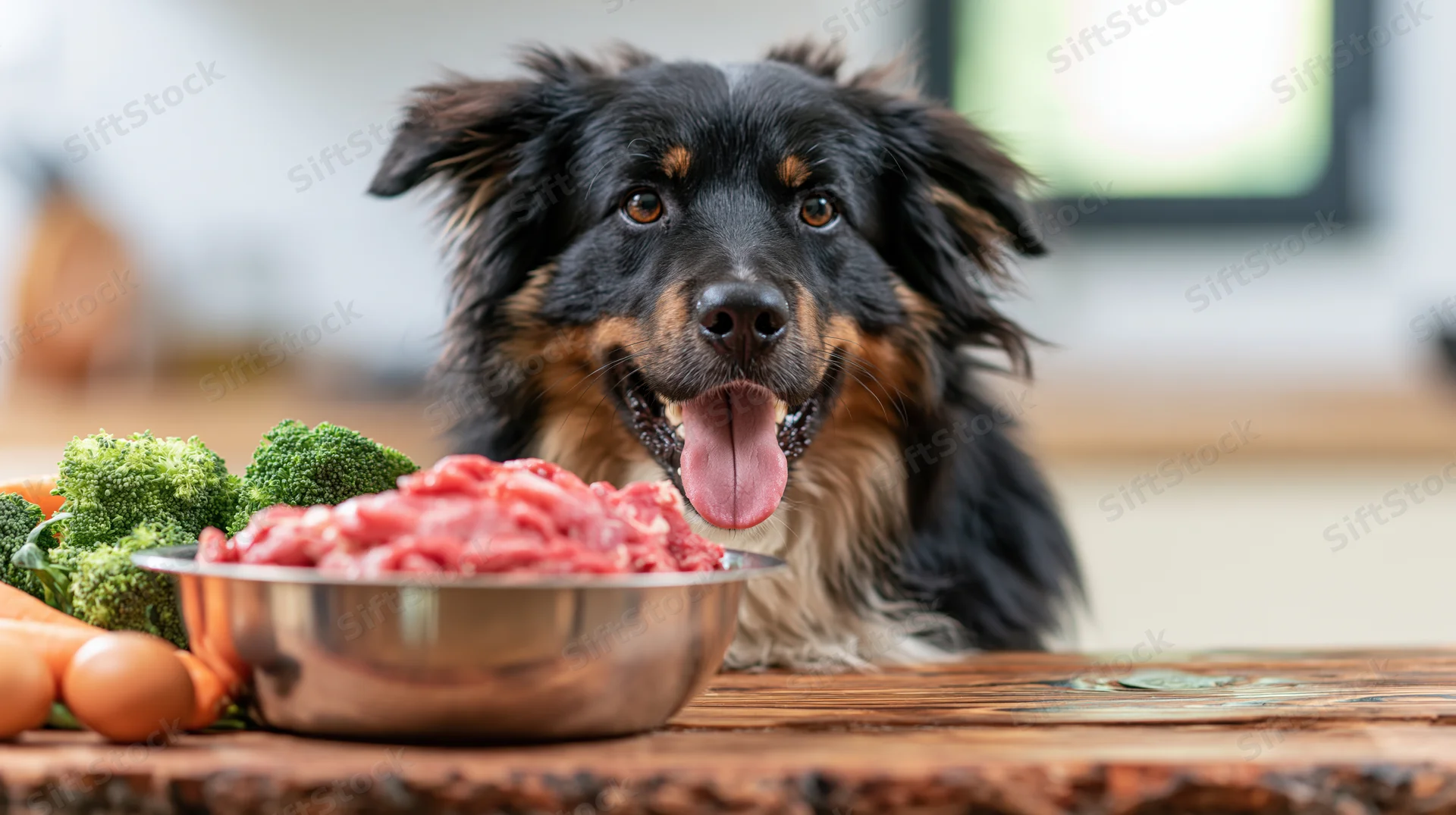 Black and tan Border Collie mix sitting behind a wooden table with a bowl of raw meat and vegetables in a kitchen