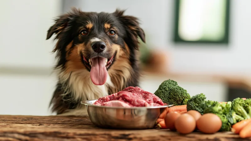 Border collie mix dog with tongue out sitting behind a wooden table with raw meat in a metal bowl and vegetables beside it