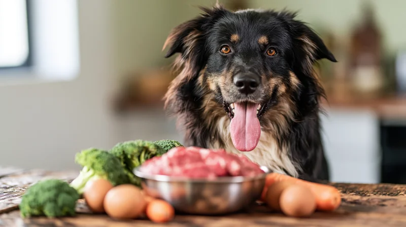 Black and tan border collie mix sitting behind a wooden table with raw meat, broccoli, carrots, and eggs in a metal bowl, looking alert with tongue out