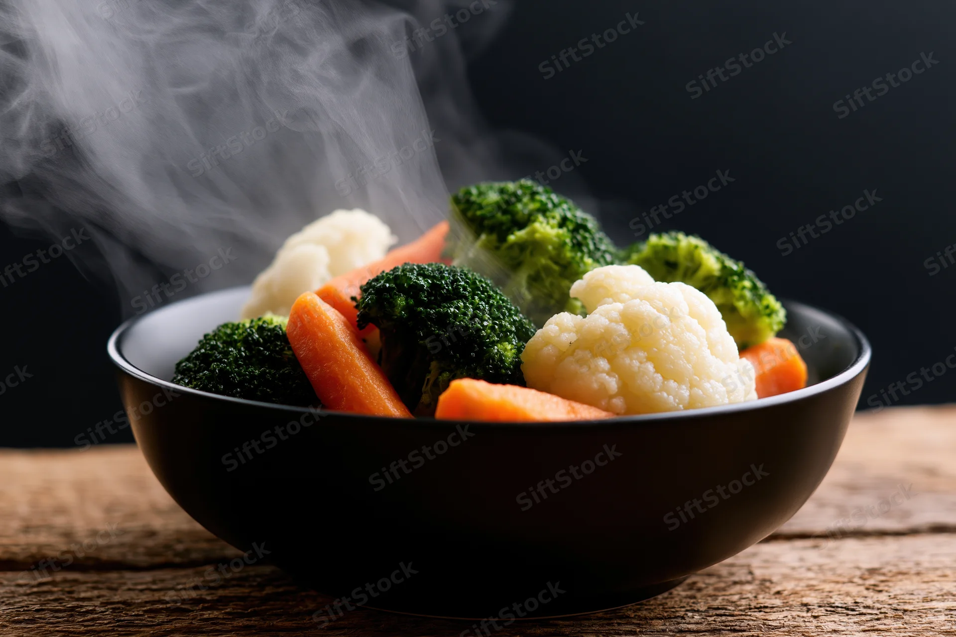 Steamed broccoli carrots and cauliflower in a black ceramic bowl on a wooden table