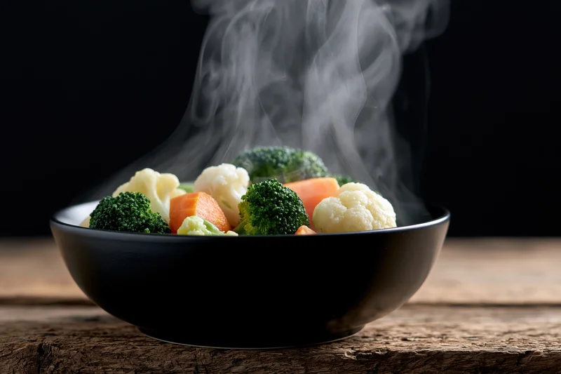 Steamed vegetables in a black ceramic bowl on a wooden table
