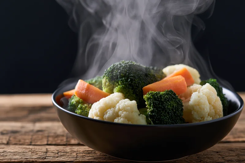 Steamed broccoli carrots and cauliflower in a black ceramic bowl on a wooden table