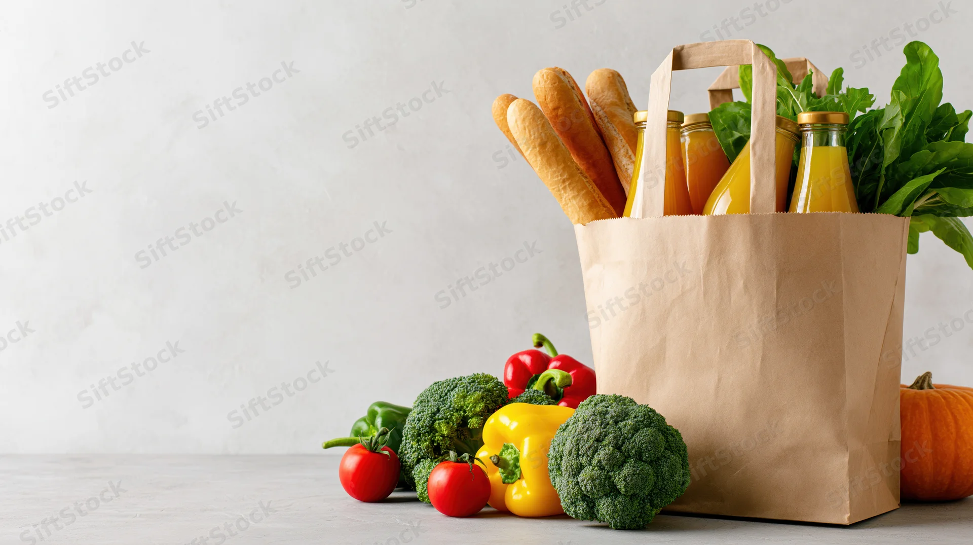 Brown paper grocery bag filled with bread and juice bottles on a white table with fresh vegetables around it