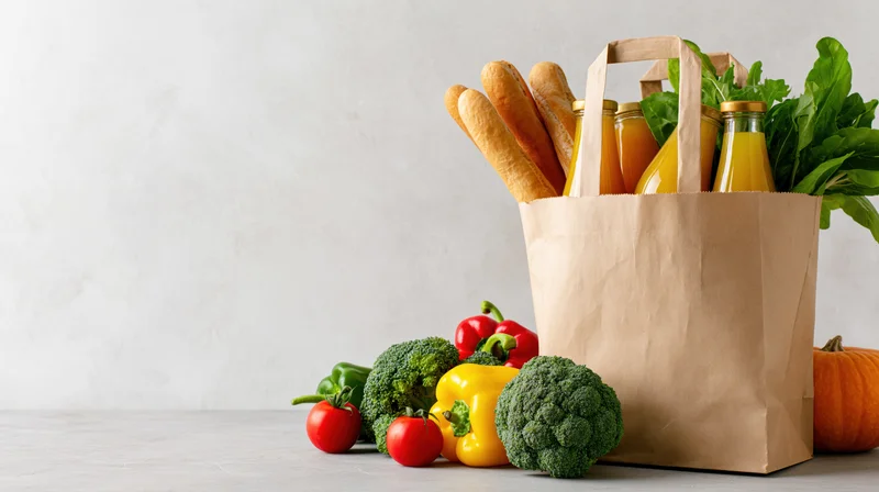 Brown paper grocery bag filled with bread and juice bottles on a white table with fresh vegetables around it