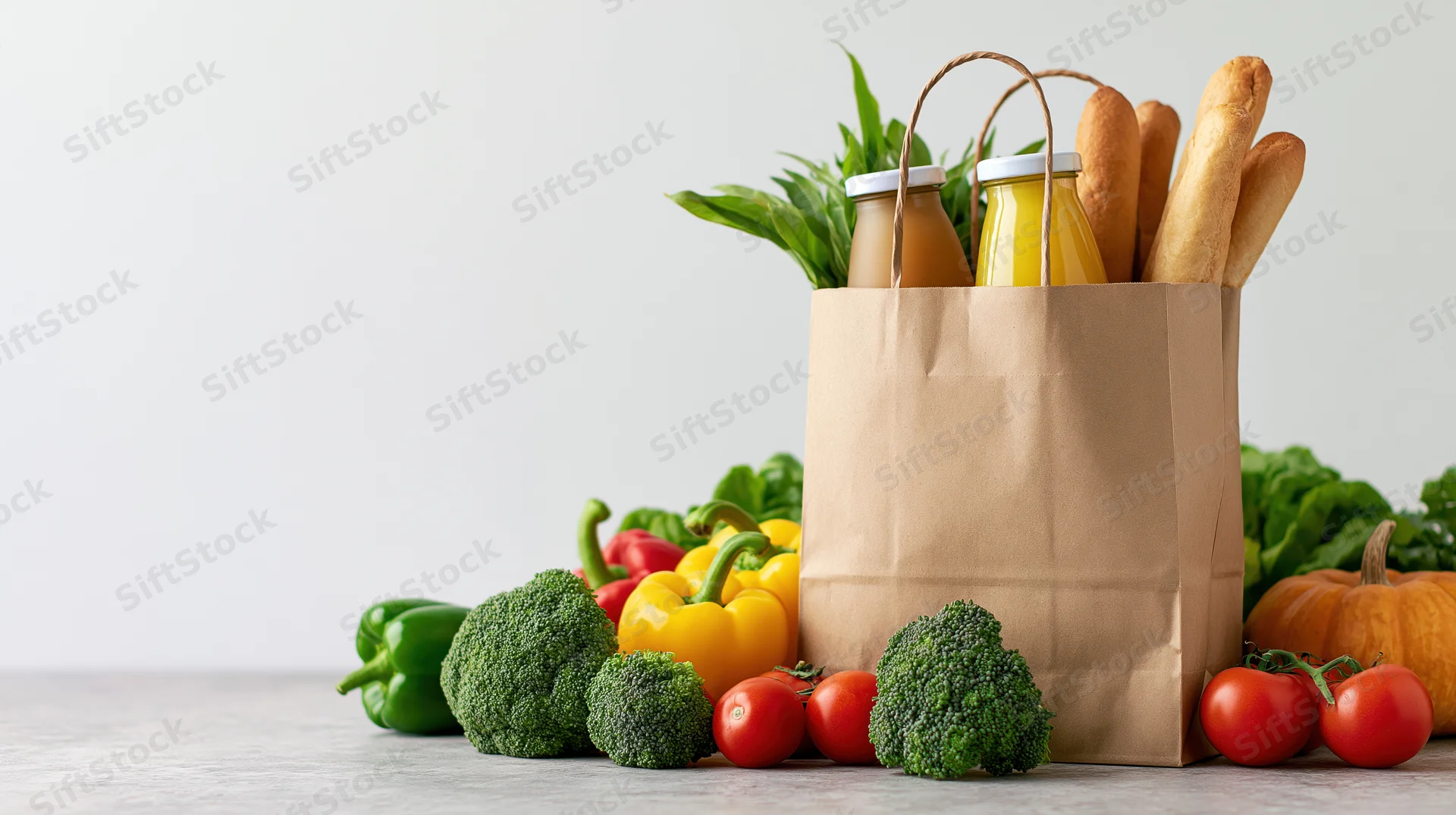 Brown paper grocery bag filled with juice bottles and bread surrounded by fresh vegetables on a table