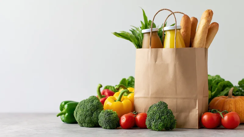 Brown paper grocery bag filled with juice bottles and bread surrounded by fresh vegetables on a table