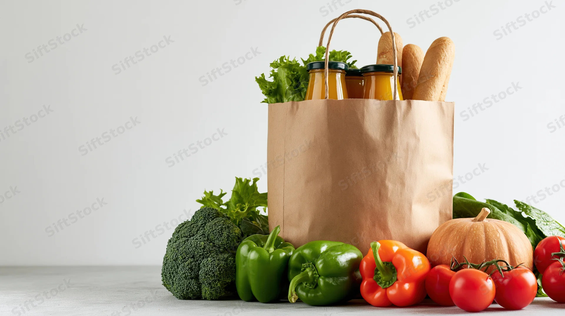 Brown paper grocery bag filled with bread and juice bottles surrounded by fresh vegetables on a white surface