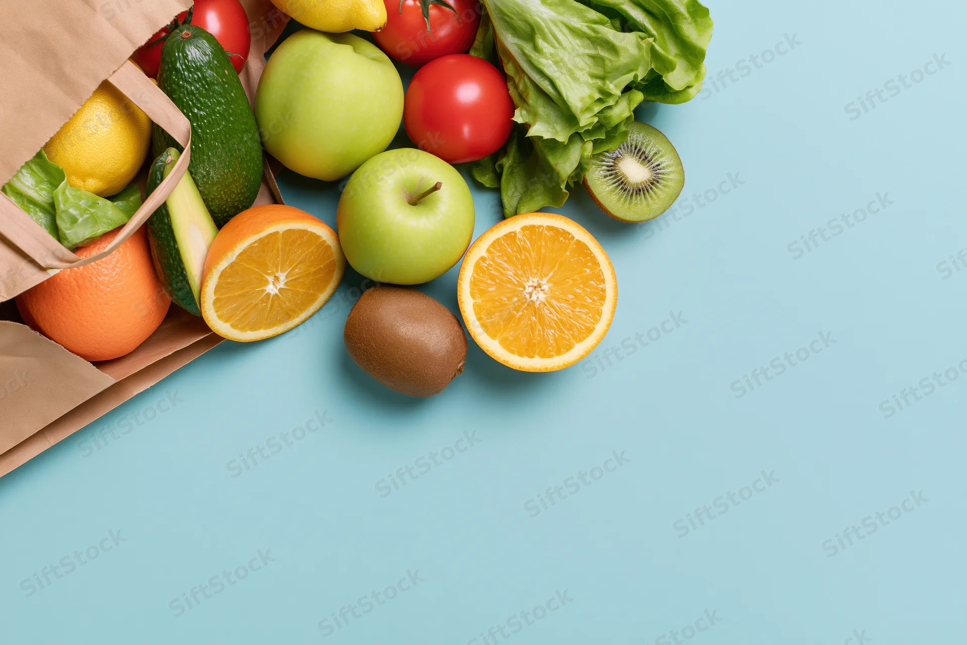 Brown paper bag spilling fresh fruits and vegetables on blue surface