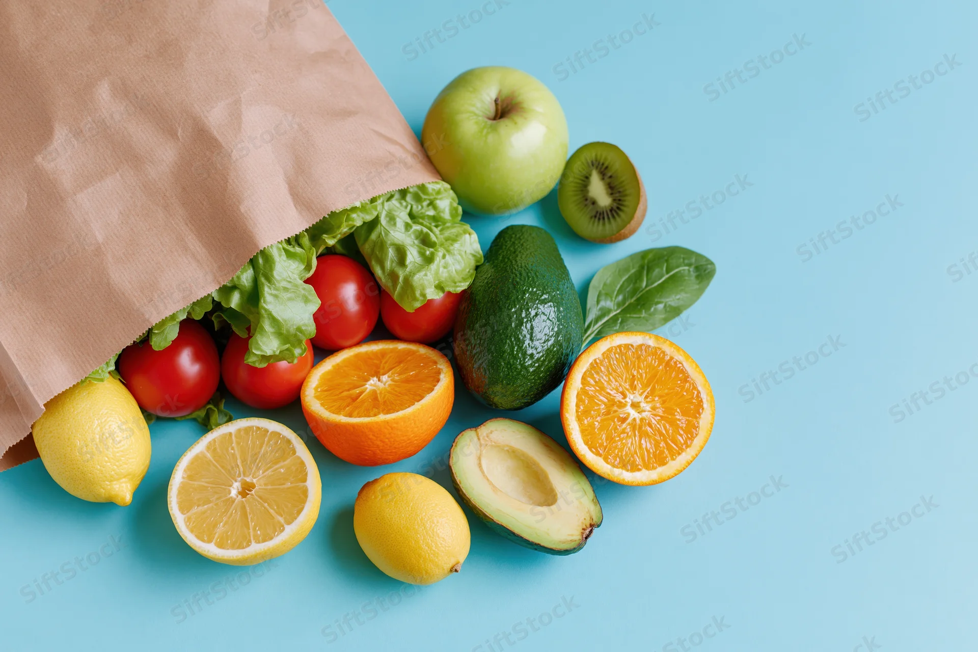 Brown paper grocery bag tipped over spilling fresh fruits and vegetables on blue surface