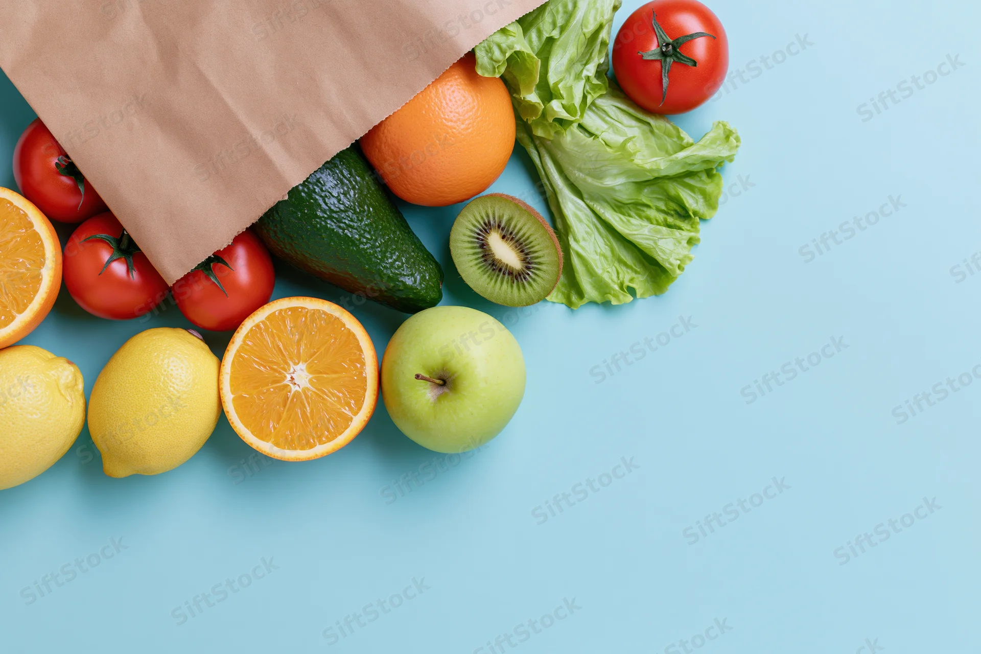 Brown paper bag spilling fresh fruits and vegetables on blue surface