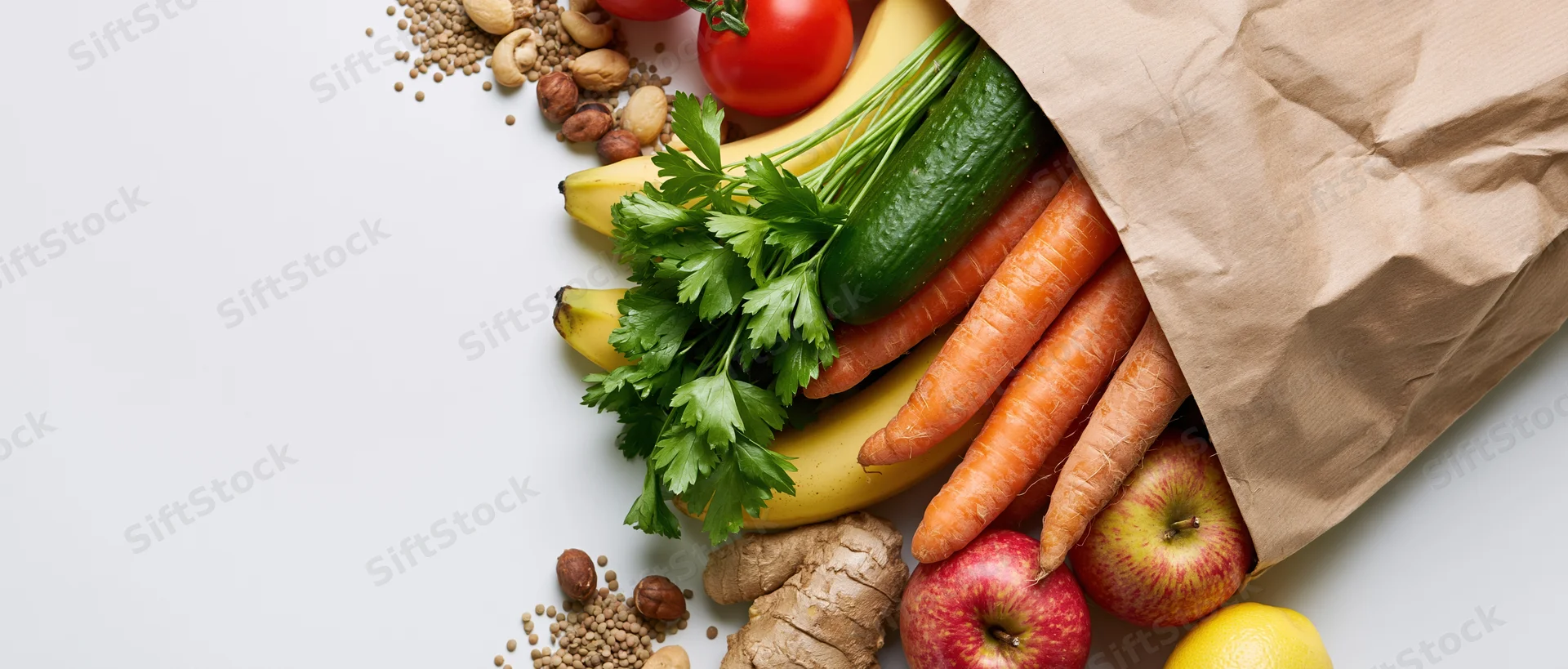 Brown paper grocery bag tipped over spilling fresh vegetables and fruits on white surface
