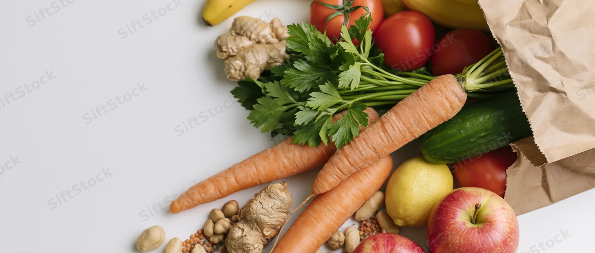 Brown paper grocery bag tipped over spilling fresh vegetables and fruits on white surface