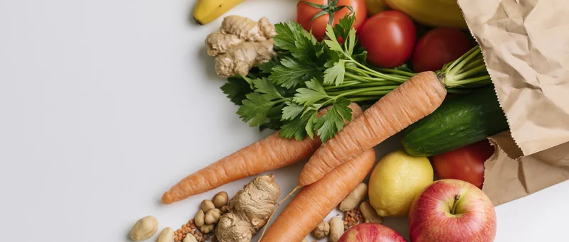 Brown paper grocery bag tipped over spilling fresh vegetables and fruits on white surface