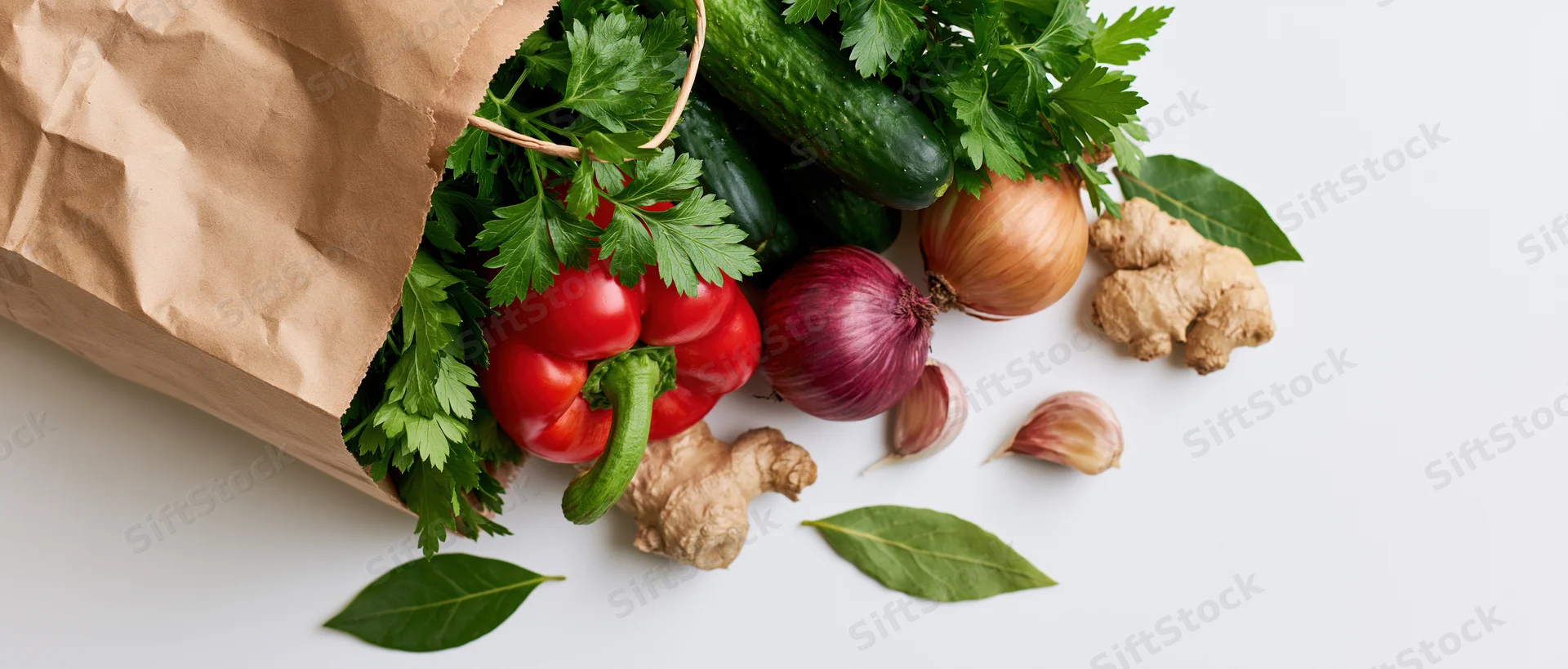 Brown paper grocery bag tipped over spilling fresh vegetables and herbs on white surface