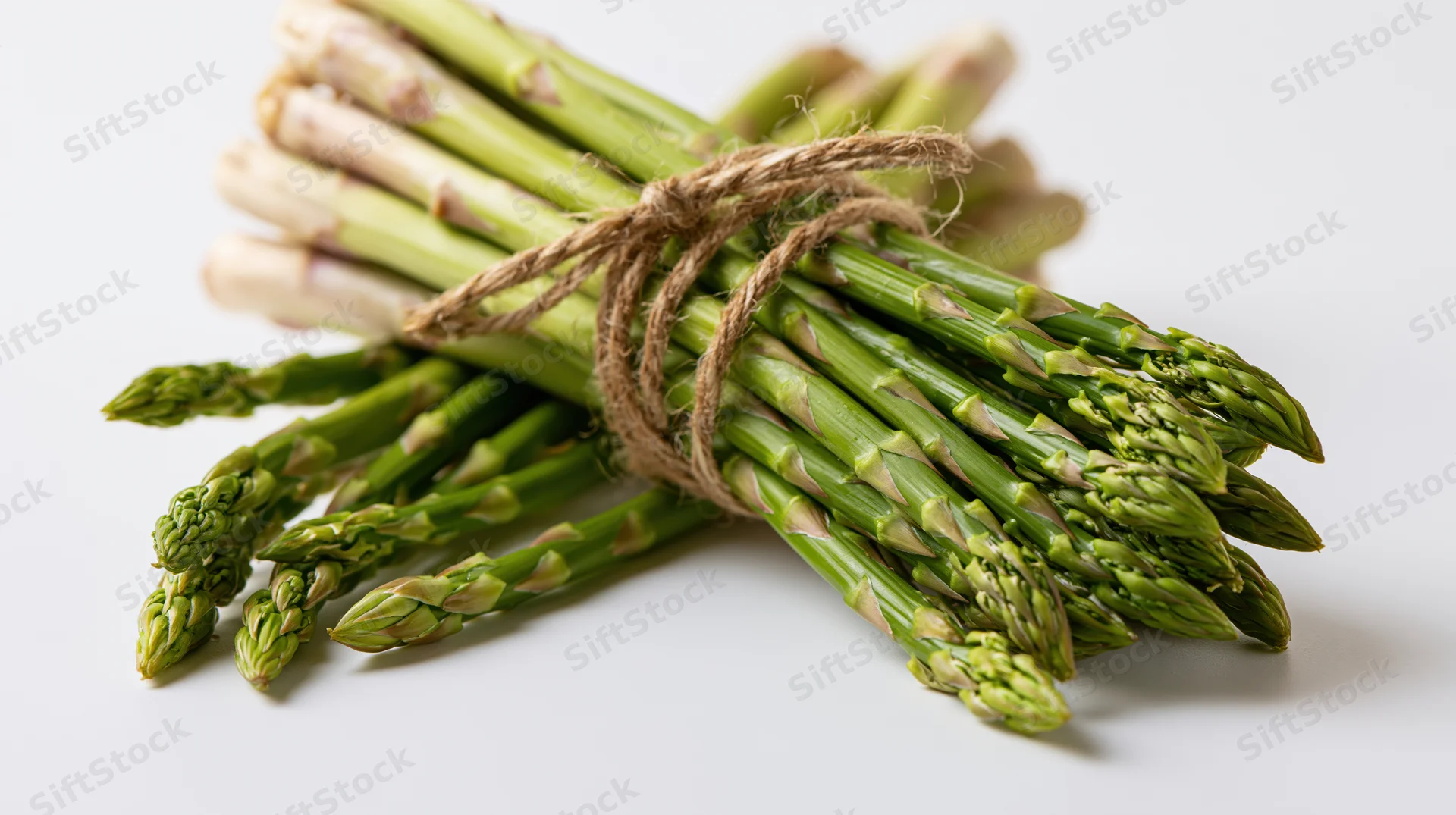 Bundle of fresh green asparagus spears tied with twine on white background