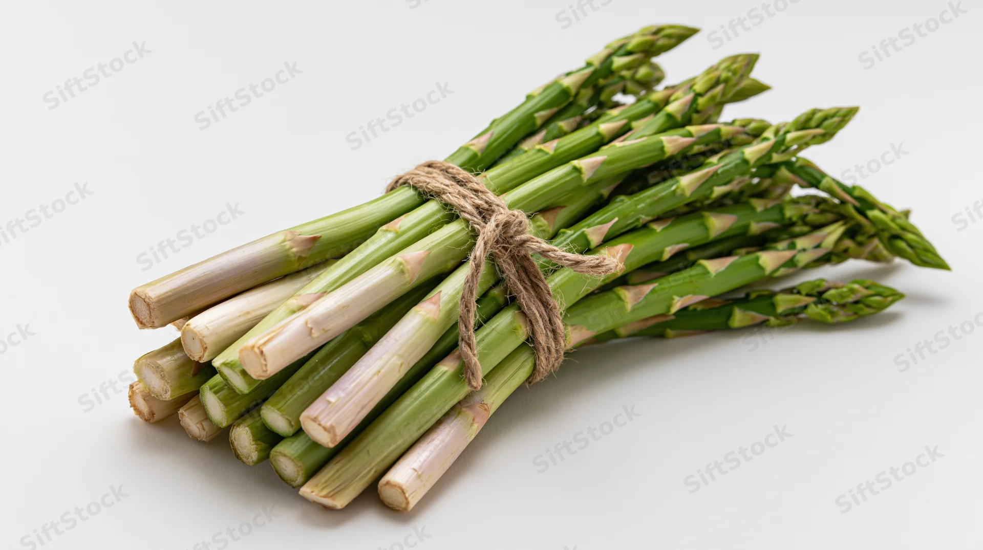 Bundle of fresh green asparagus spears tied with twine on white background