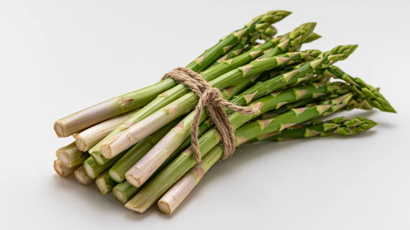 Bundle of fresh green asparagus spears tied with twine on white background