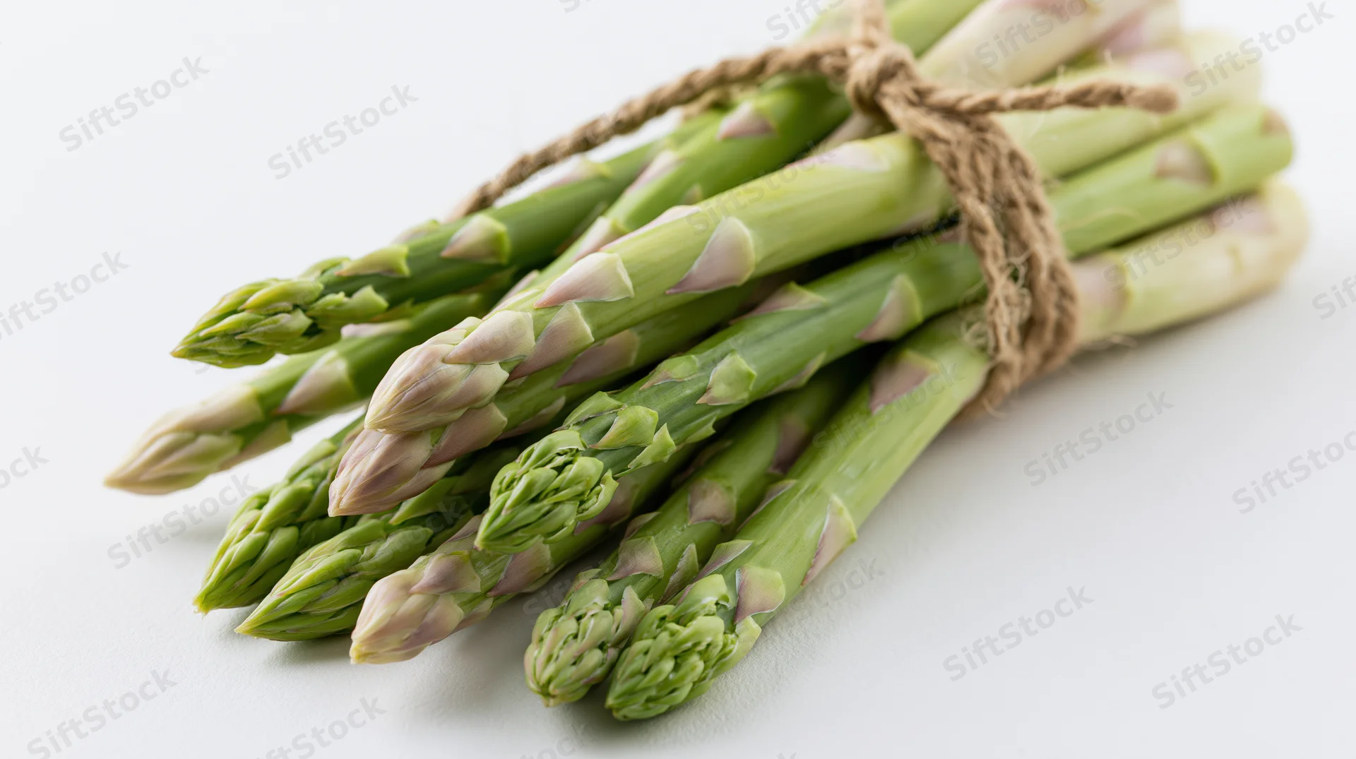 Bundle of fresh green asparagus spears tied with twine on white background