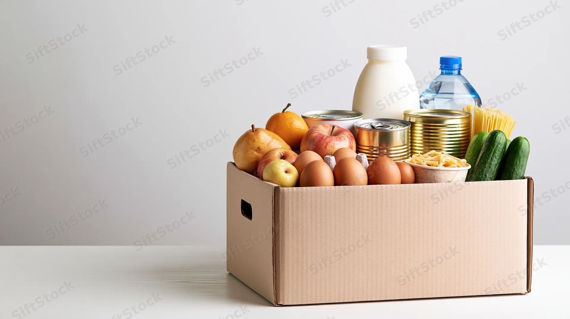 Cardboard box filled with groceries and fresh produce on a white surface