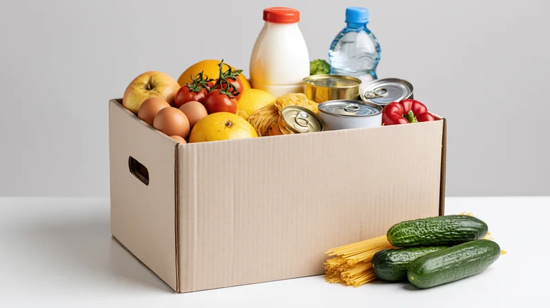Cardboard box filled with groceries and produce on white surface