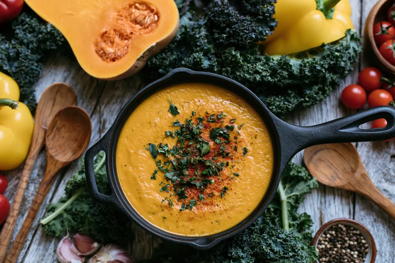 Creamy pumpkin soup in a cast iron pot garnished with herbs and paprika surrounded by kale, bell peppers, tomatoes, garlic, and wooden spoons on a rustic wooden table