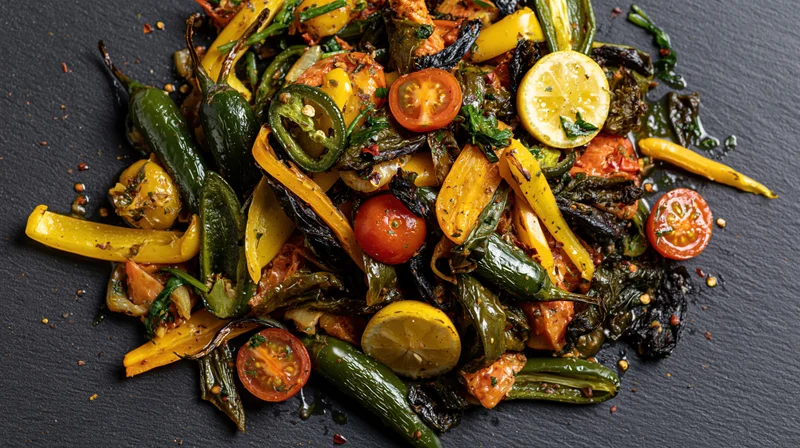 Roasted mixed vegetables with charred peppers, tomatoes, and lemon slices arranged on a dark slate surface