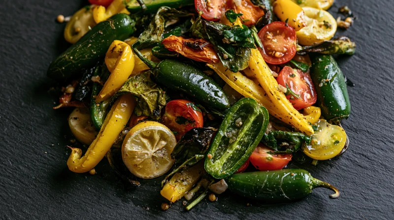 Roasted and raw mixed vegetables piled on a dark slate plate