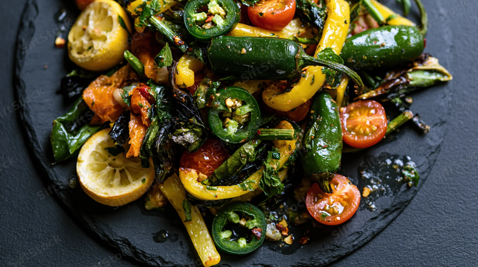 Roasted mixed vegetables with peppers, tomatoes, lemon and herbs on a dark slate plate