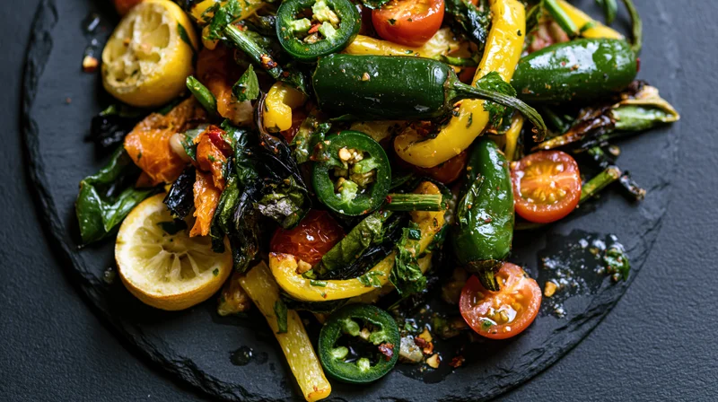 Roasted mixed vegetables with peppers, tomatoes, lemon and herbs on a dark slate plate
