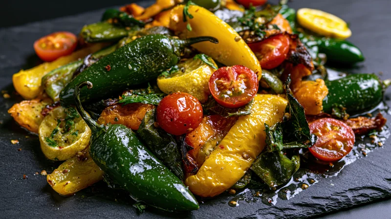 Roasted mixed vegetables with peppers, tomatoes, and herbs arranged on a black slate plate