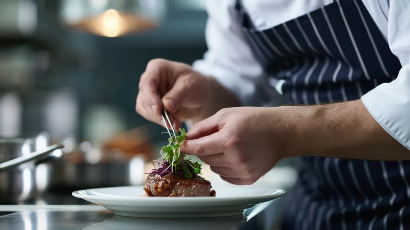 Chef plating a steak dish with microgreens in a restaurant kitchen