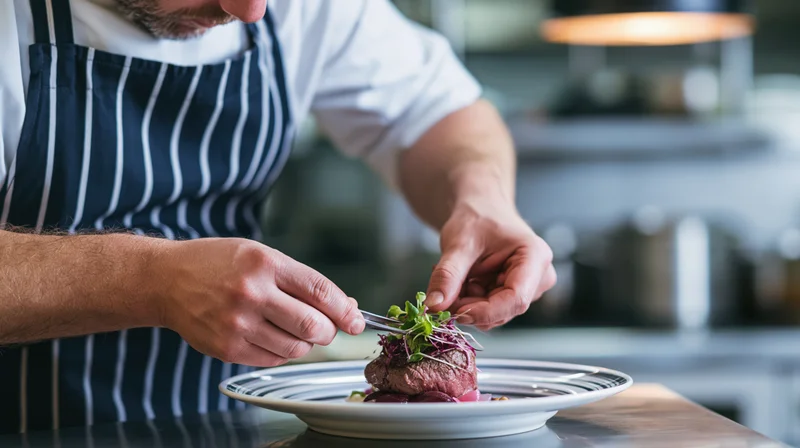 Chef plating a steak dish with microgreens in a restaurant kitchen
