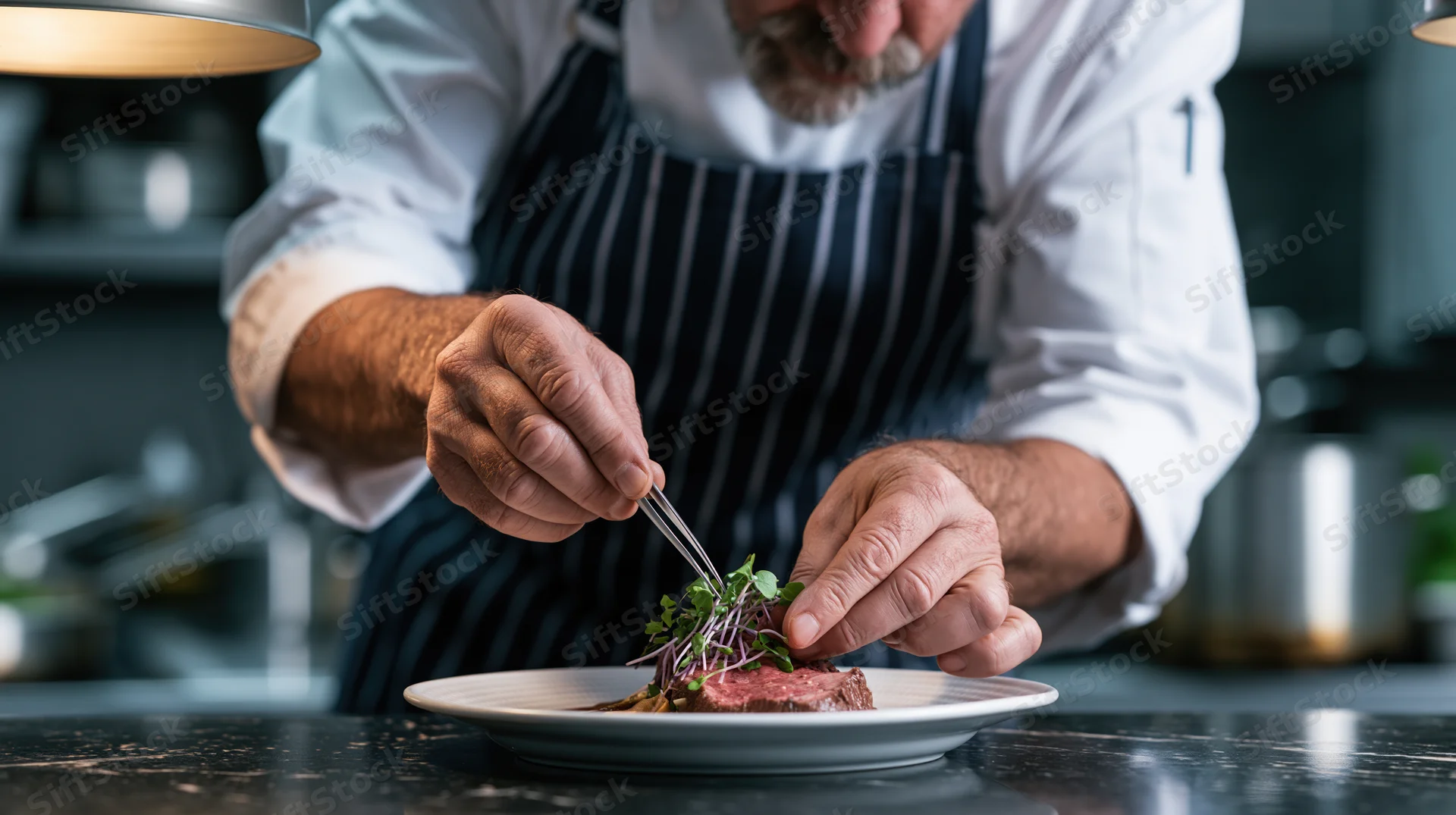 Chef plating a meat dish with microgreens in a restaurant kitchen